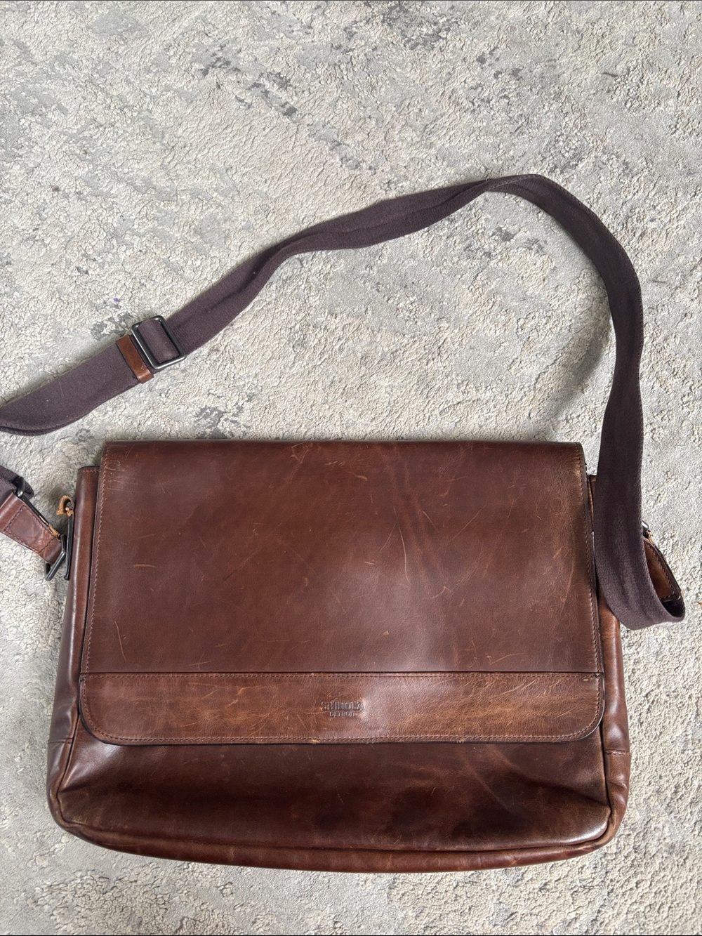 Shinola Brown Leather Messenger with Adjustable Canvas broken Strap